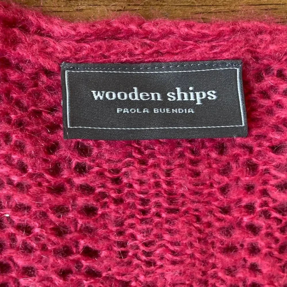 Wooden Ships S/M Sweater Pink V Neck Open Knit Mohair Wool Short Sleeve Cropped - Picture 3 of 7